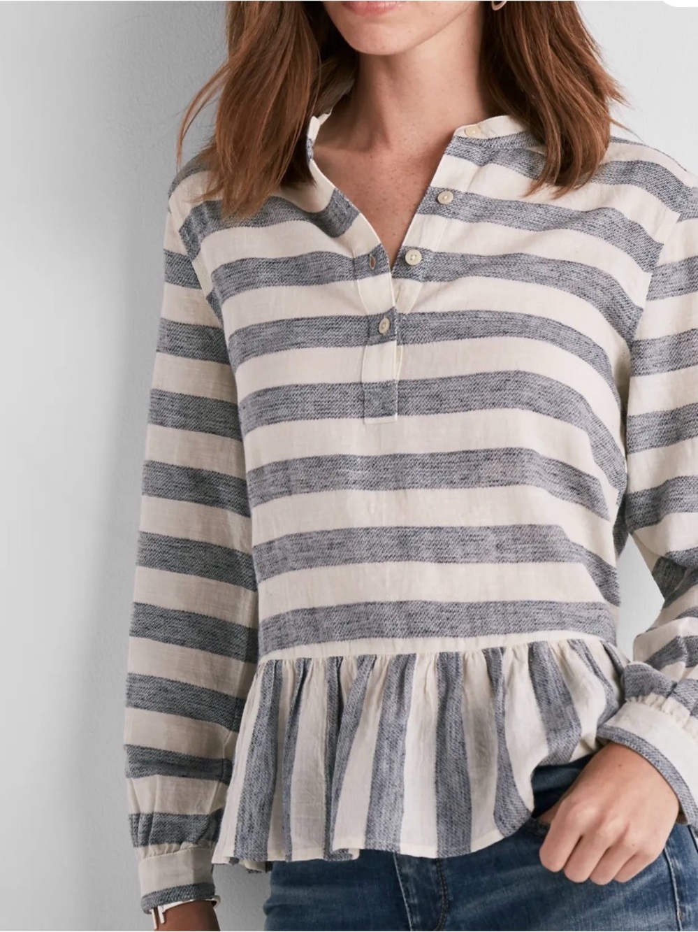 Lucky Brand Long Sleeve Striped Peplum Henley Top